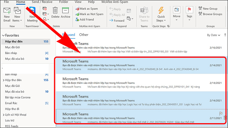 Chọn các email bạn muốn xóa